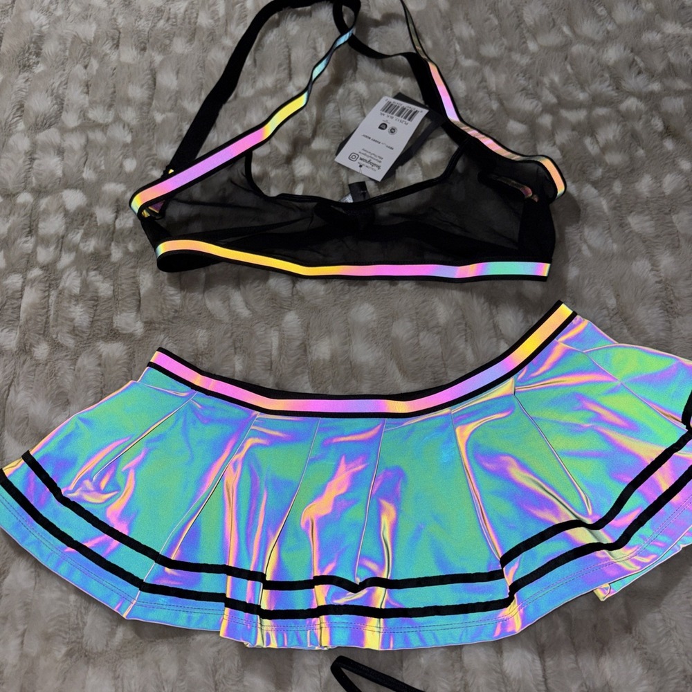 Sexy Panty Skirt Bra Multi Color Glow Spandex Mesh Play Fantasy Lingerie M/L